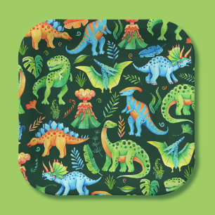 Plato De Papel Watercolor Cute Dinosaurios Boys Fiesta de Cumplea