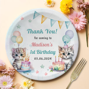 Plato De Papel Watercolor Cute Kitty Cat Primer Cumpleaños