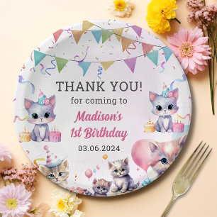 Plato De Papel Watercolor Cute Kitty Cat Primer Cumpleaños