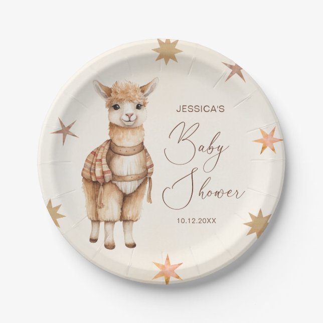 Plato De Papel Watercolor Cute Llama Beige Baby Shower (Anverso)