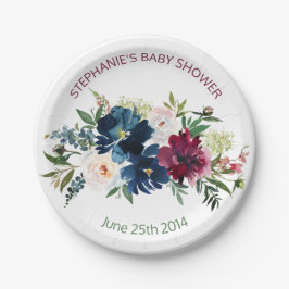 Plato De Papel Watercolor de la Marina de Borgoña Flores Baby Sho