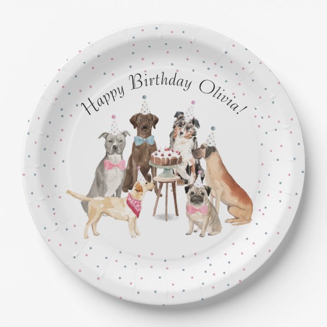 Plato De Papel Watercolor Dog Happy Birday Paper Plate (Anverso)