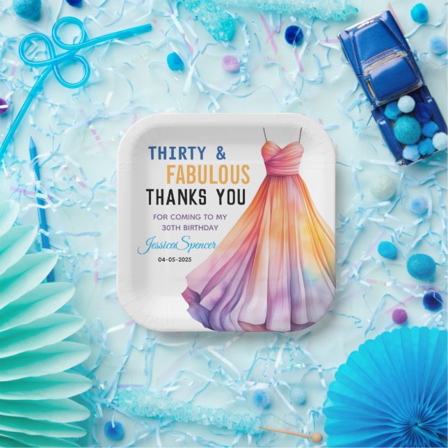 Plato De Papel Watercolor Dress 30th Birthday Elegant & Feminine  (Fiesta)