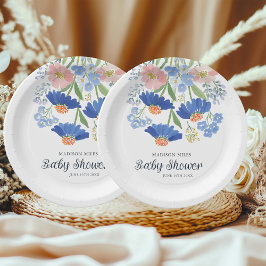 Plato De Papel Watercolor Dusty Blue Wildflower Bouquet Baby Show