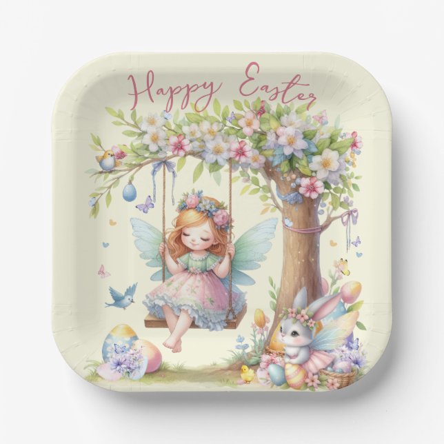 Plato De Papel Watercolor Easter Spring Fairy (Anverso)