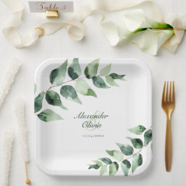 Plato De Papel Watercolor Eucalyptus Wedding | White