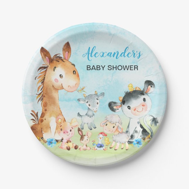 Plato De Papel Watercolor Farm Animals Boy Baby Shower (Anverso)