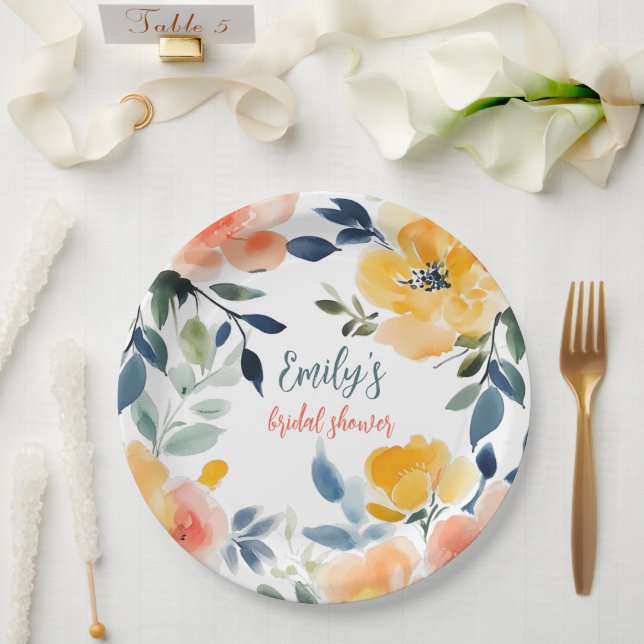 Plato De Papel Watercolor Floral Bridal Shower Personalizado (Boda)