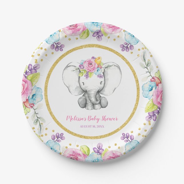 Plato De Papel Watercolor Floral Elephant Baby Shower (Anverso)