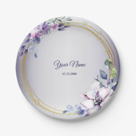 Plato De Papel Watercolor Floral Geometric Golden Purple Wedding