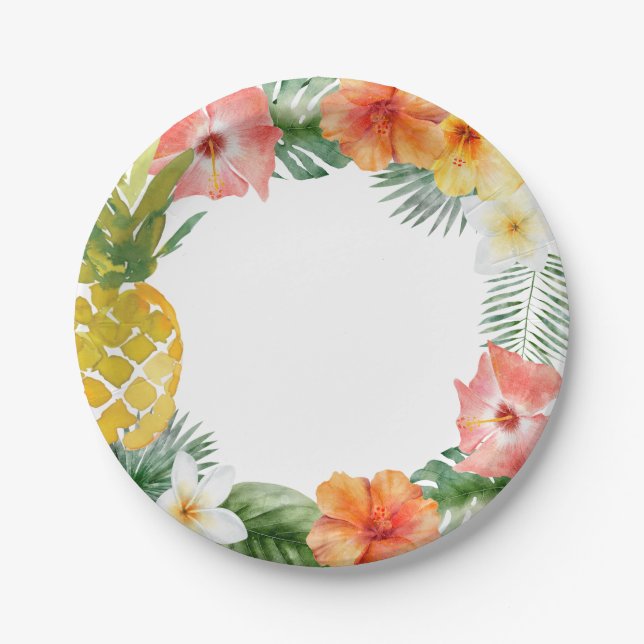 Plato De Papel Watercolor Floral Luau Birthday (Anverso)
