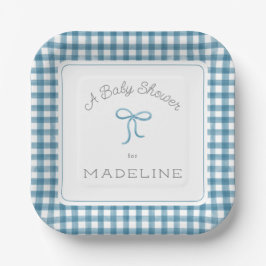 Plato De Papel Watercolor Gingham Denim Blue Baby Shower