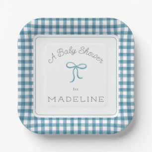 Plato De Papel Watercolor Gingham Denim Blue Baby Shower