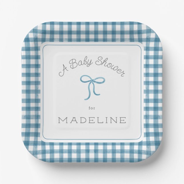 Plato De Papel Watercolor Gingham Denim Blue Baby Shower (Anverso)