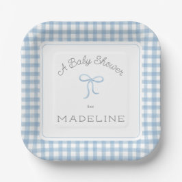 Plato De Papel Watercolor Gingham Light Blue Baby Shower