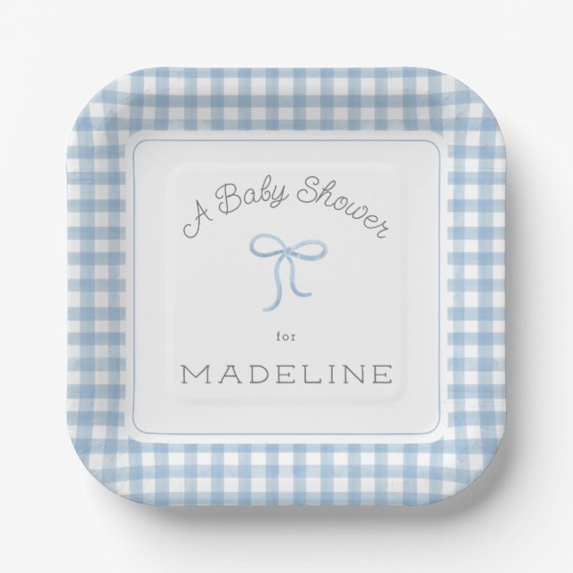 Plato De Papel Watercolor Gingham Light Blue Baby Shower (Anverso)
