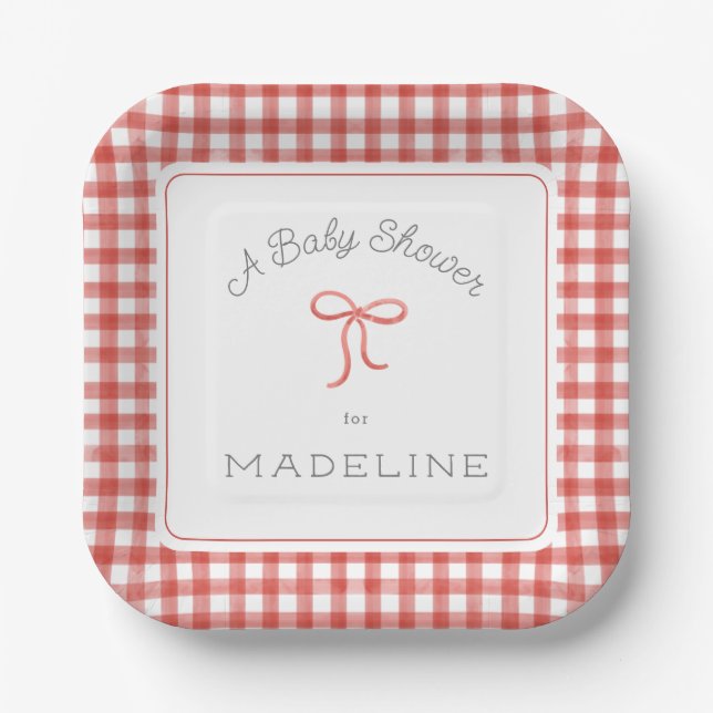 Plato De Papel Watercolor Gingham Red Baby Shower (Anverso)