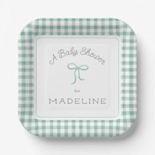 Plato De Papel Watercolor Gingham Sage Green Baby Shower