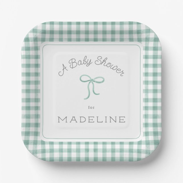 Plato De Papel Watercolor Gingham Sage Green Baby Shower (Anverso)