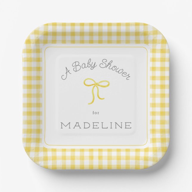Plato De Papel Watercolor Gingham Yellow Baby Shower (Anverso)