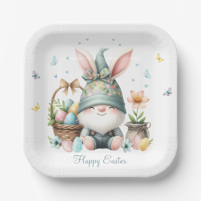 Plato De Papel Watercolor Gnome personalizado de Pascua (Anverso)