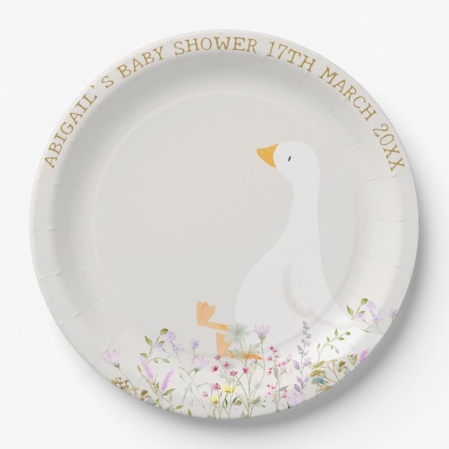 Plato De Papel Watercolor Goose Wildflower Baby Shower (Anverso)