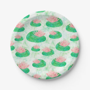 Plato De Papel Watercolor Green Lily Pad Pink Lotus Floral
