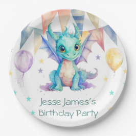 Plato De Papel Watercolor Green Purple Dragon Boy Birday Party
