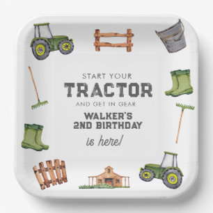 Plato De Papel Watercolor Green Tractor Photo Boy Cumpleaños