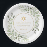 Plato De Papel Watercolor Greenery Bat Mitzvah, Bar Mitzvah<br><div class="desc">Con delicadas hojas de acuarela y una elegante estrella dorada de David,  este plato de Bat o Bar Mitzvah de moda puede ser personalizado con su información especial de eventos. Diseñado por Thisisnotme©</div>