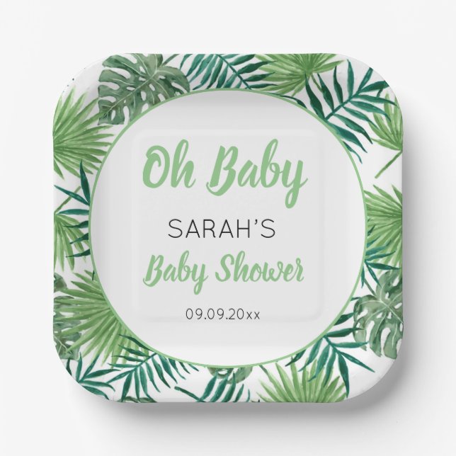 Plato De Papel Watercolor Greenery Tropical Leaf Baby Shower (Anverso)