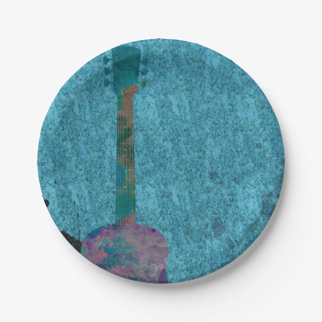 Plato De Papel Watercolor Guitar Blue Musical Birday Party (Anverso)
