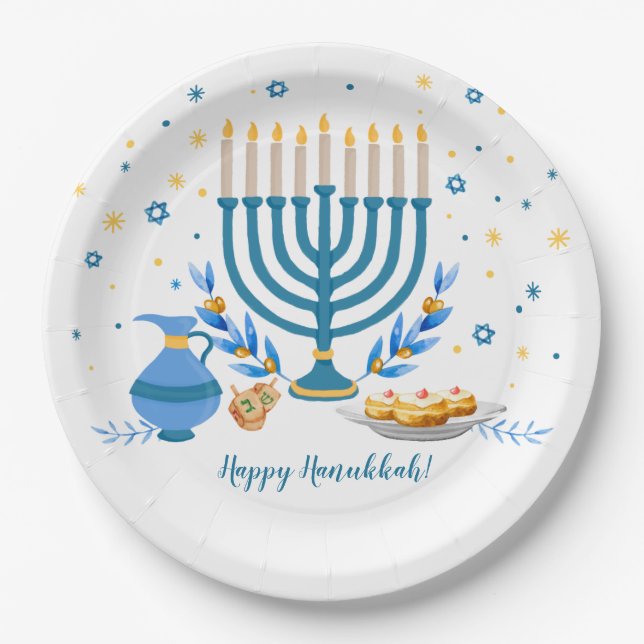 Plato De Papel Watercolor Hanukkah Holiday (Anverso)