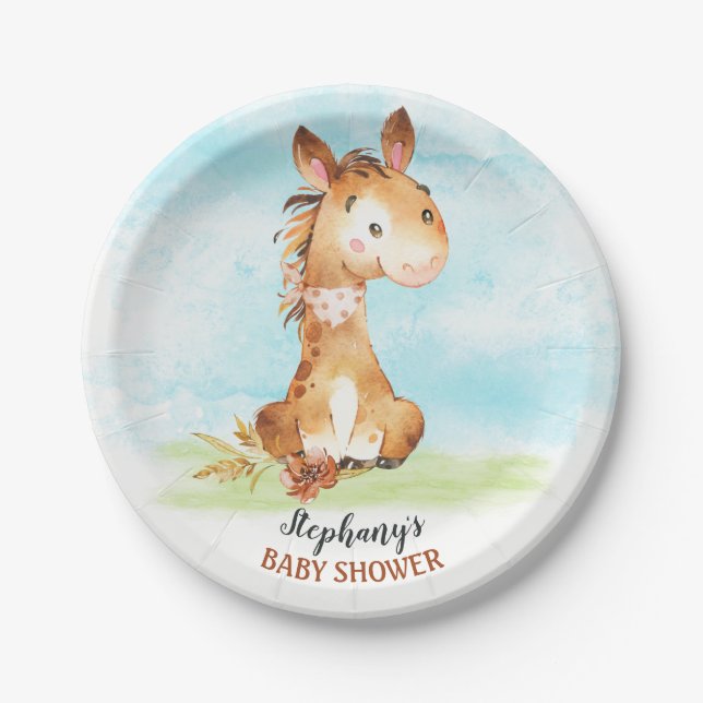 Plato De Papel Watercolor Horse Baby Shower Farm (Anverso)