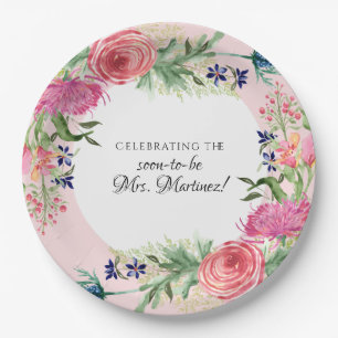 Plato De Papel Watercolor Inglés Cottage Garden Azul Flor Rosa