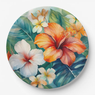 Plato De Papel Watercolor Jardín Hawaiano Tropical Hibiscus