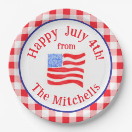 Plato De Papel Watercolor July 4th Flag Red Check NAME