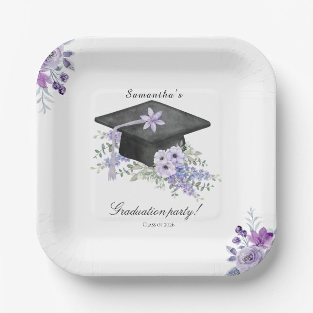 Plato De Papel Watercolor  Lavander Purple Floral Graduation  (Anverso)