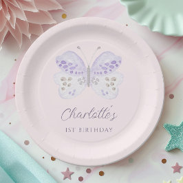 Plato De Papel Watercolor Lavender Butterfly 1st Birthday Party