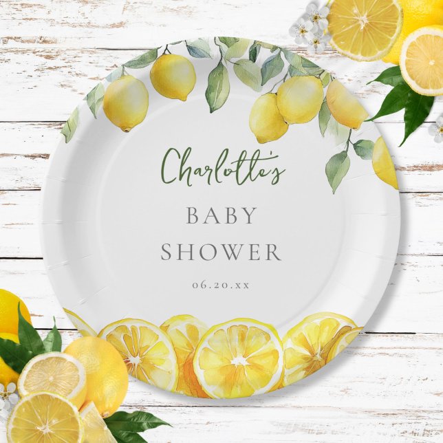 Plato De Papel Watercolor Lemon Citrus Baby Shower (Watercolor Lemon Citrus Baby Shower Paper Plates)