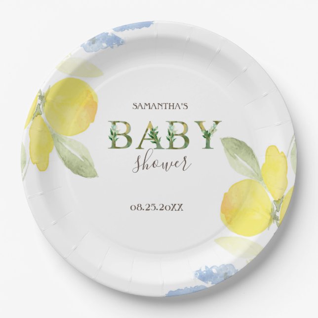 Plato De Papel Watercolor Lemons Baby Shower (Anverso)