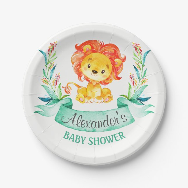 Plato De Papel Watercolor Lion Baby Shower (Anverso)