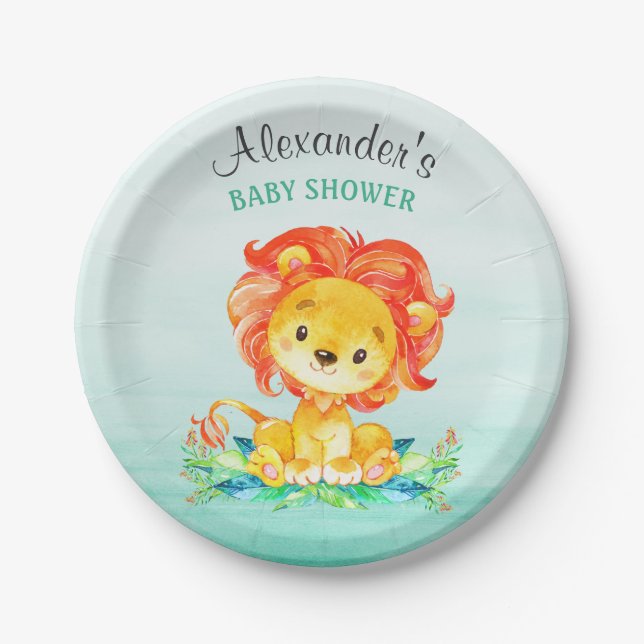 Plato De Papel Watercolor Lion Baby Shower (Anverso)