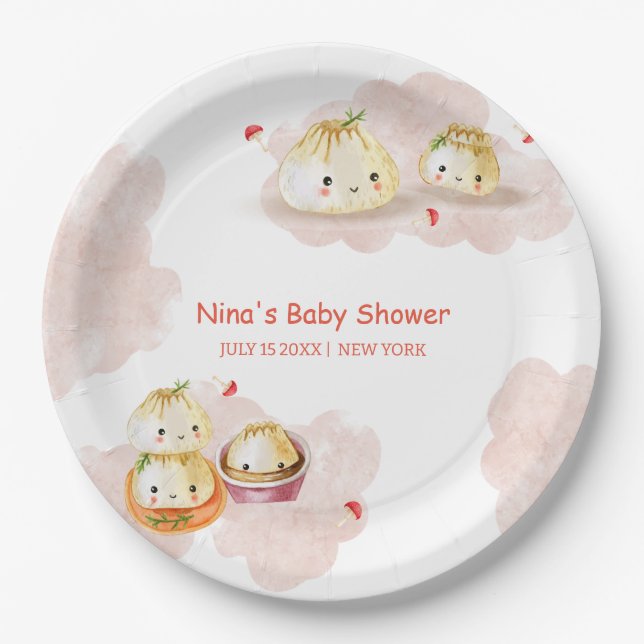 Plato De Papel Watercolor Little Dumpling Mushroom Baby Shower (Anverso)