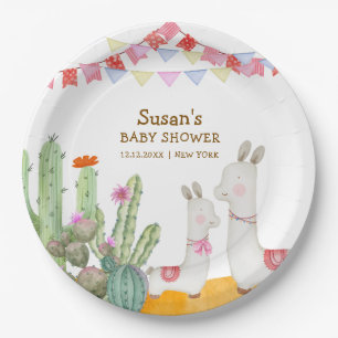 Plato De Papel Watercolor Llama Desert Cactus Fiesta Baby Shower
