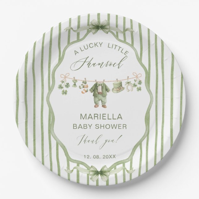 Plato De Papel  Watercolor Lucky Charm Shamrock baby shower (Anverso)