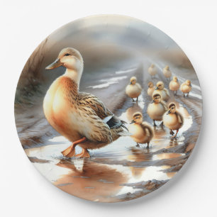 Plato De Papel Watercolor Madre Pato Con Ducklings