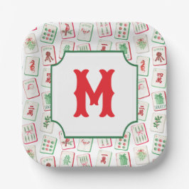 Plato De Papel Watercolor Mahjong Red & Green Christmas  Monogram
