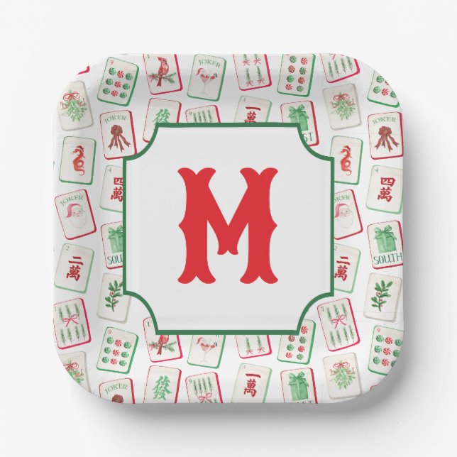 Plato De Papel Watercolor Mahjong Red & Green Christmas  Monogram (Anverso)