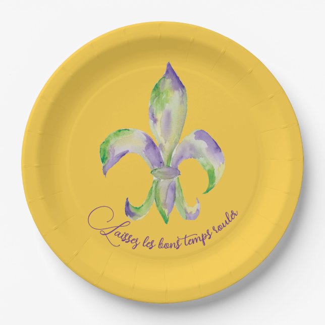 Plato De Papel Watercolor Mardi Gras Fleur de Lis (Anverso)